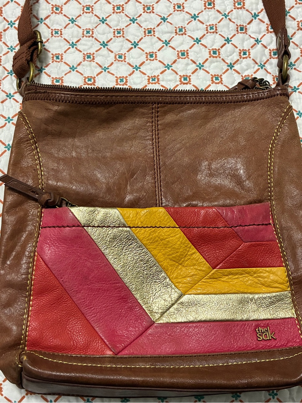 The Sak Brown Leather Crossbody Bag with Pink, Red, Yellow & Gold Patchwork